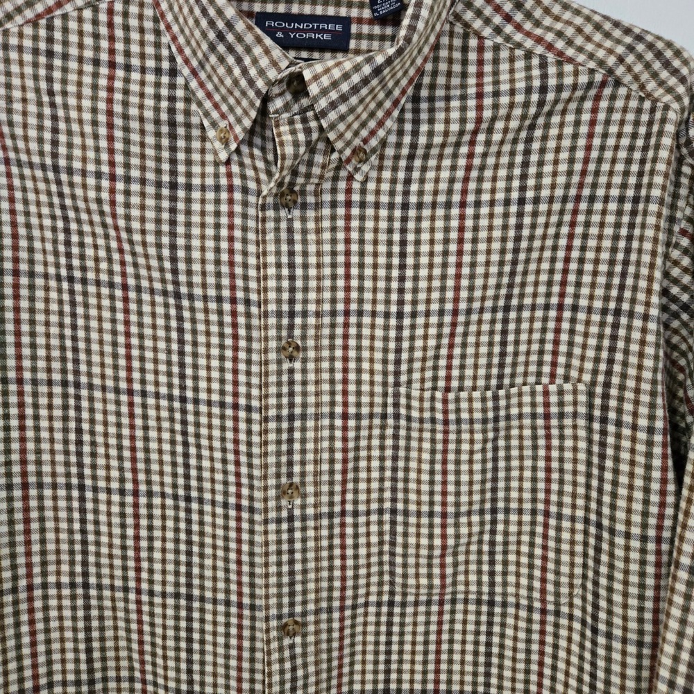 Roundtree & Yorke Button Down Mens 2XT Brown Plaid Excellent Long Sleeve Cotton - Picture 8 of 8